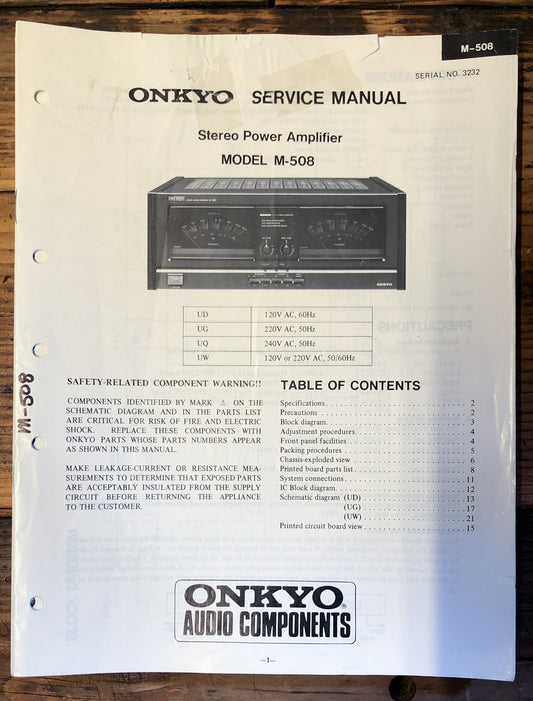 Onkyo M-508 Amplifier  Service Manual *Original*