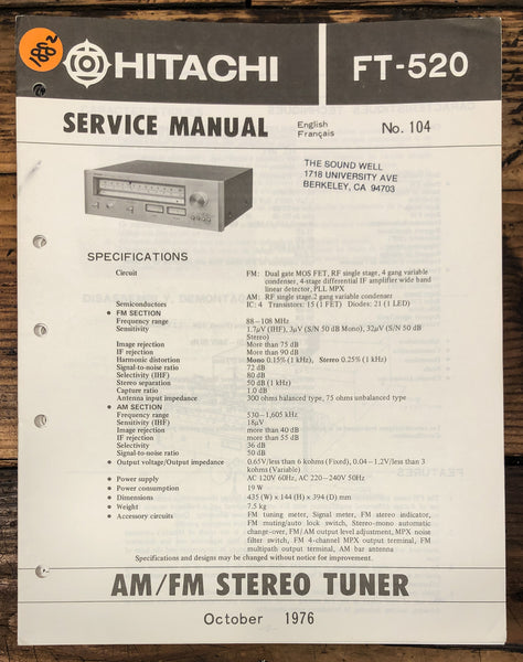 Hitachi FT-520 Tuner  Service Manual *Original*