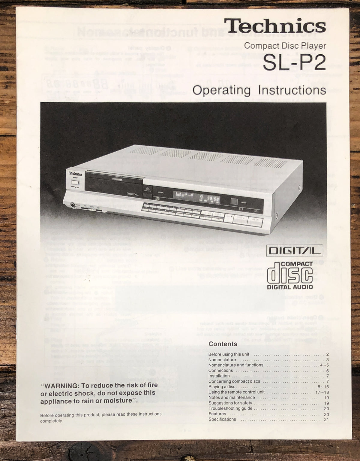 Technics SL-P2 CD Player  Owners / User Manual *Original*