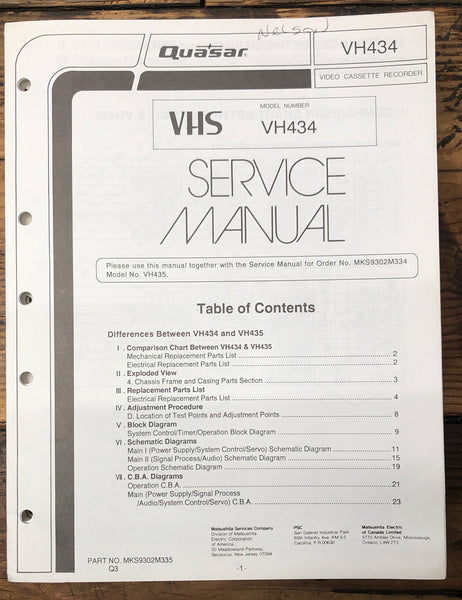 Quasar VH434 VCR Differences Service Manual *Original*