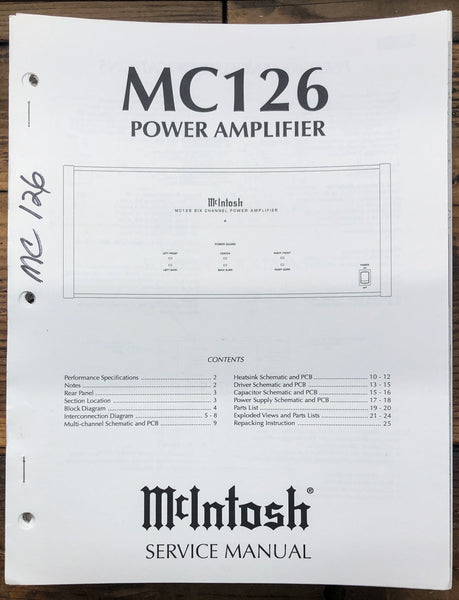 McIntosh MC126 MC-126 Amplifier  Service Manual *Original*