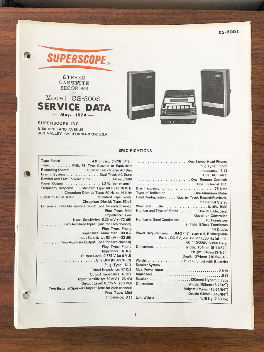 Superscope CS-200S Cassette Recorder Service Manual *Original*