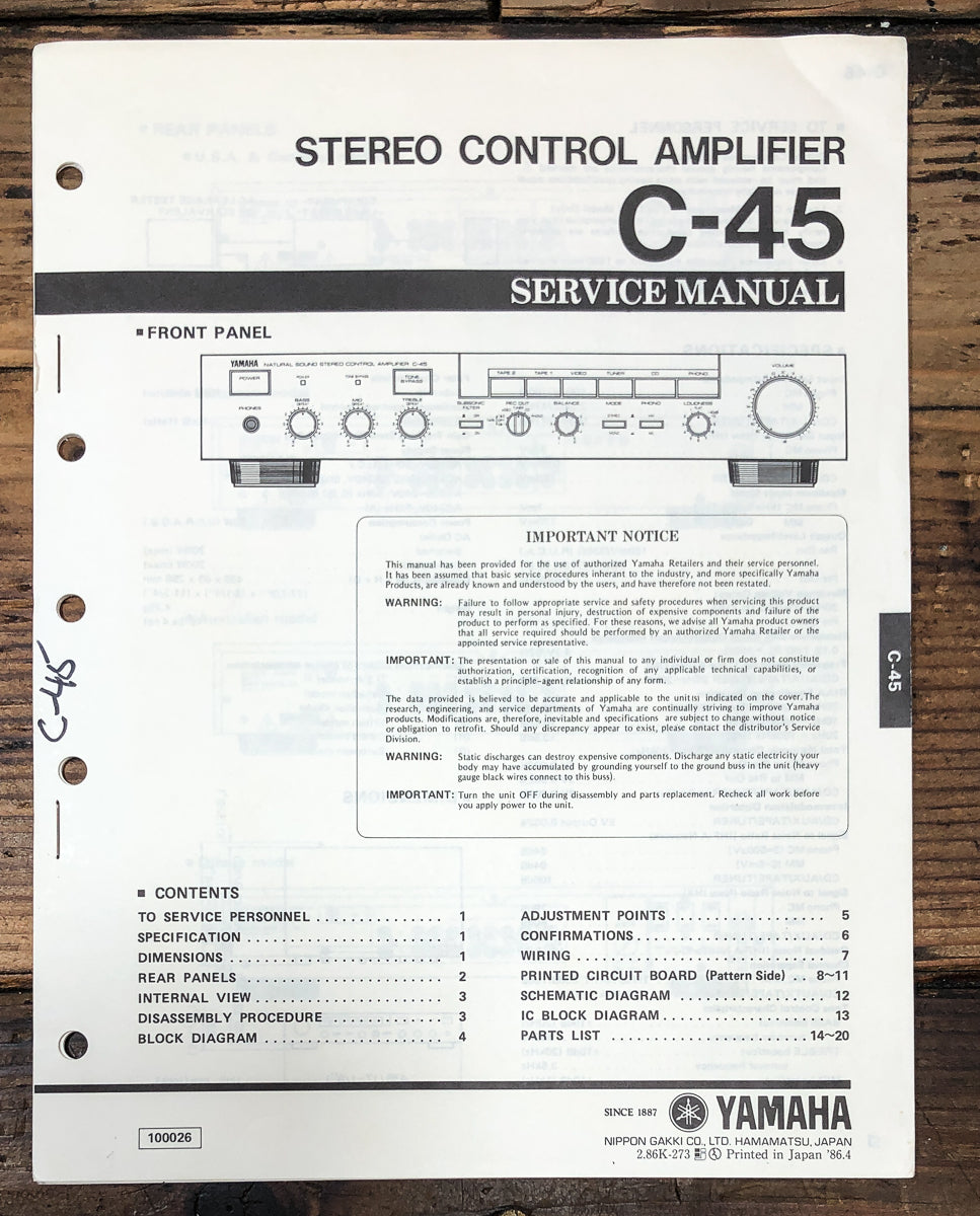 Yamaha C-45 Preamp / Preamplifier Service Manual *Original*