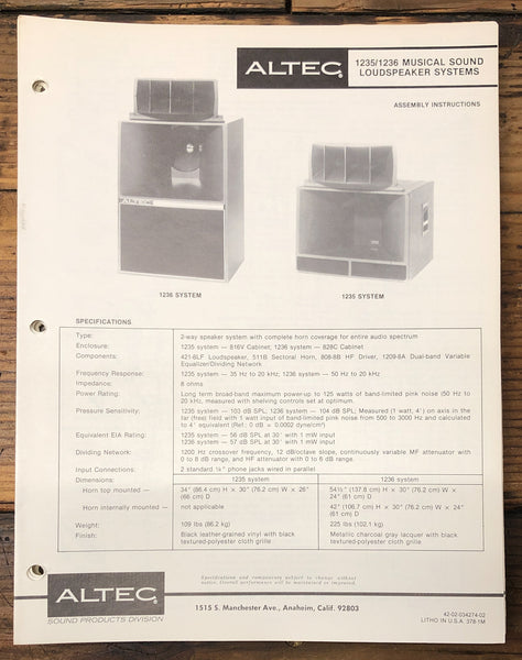 Altec Model 1235 1236 Speaker  Owners & Schematic Manual *ORIGINAL*