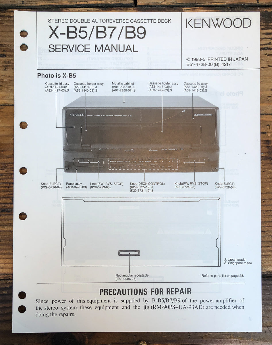 Kenwood X-B5 X-B7 X-B9 Cassette Service Manual *Original*