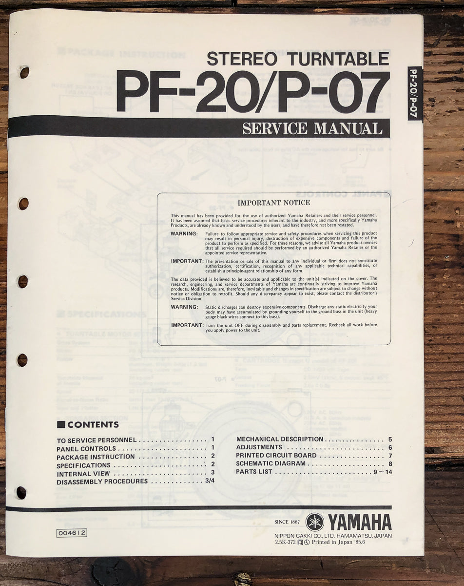 Yamaha PF-20 P-07 Record Player / Turntable Service Manual *Original*