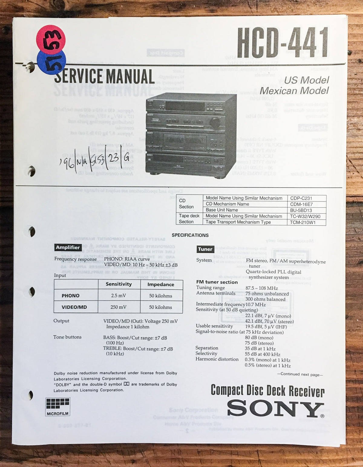 Sony HCD-441 Stereo  Service Manual *Original*
