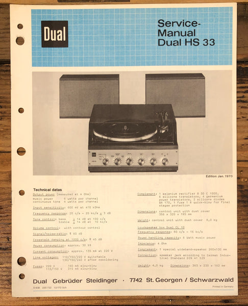 Dual HS 33 HS33 Record Player / Stereo Service Manual *Original*