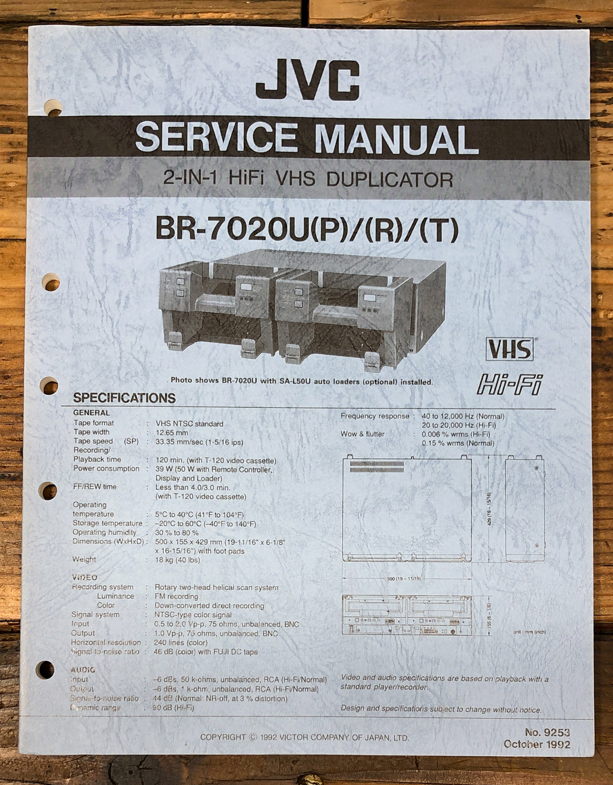 JVC BR-7020U BR-7020 U VCR Service Manual *Original*