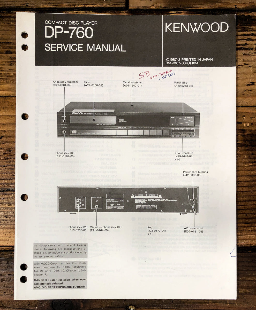 Kenwood DP-760 CD Player Service Manual *Original*