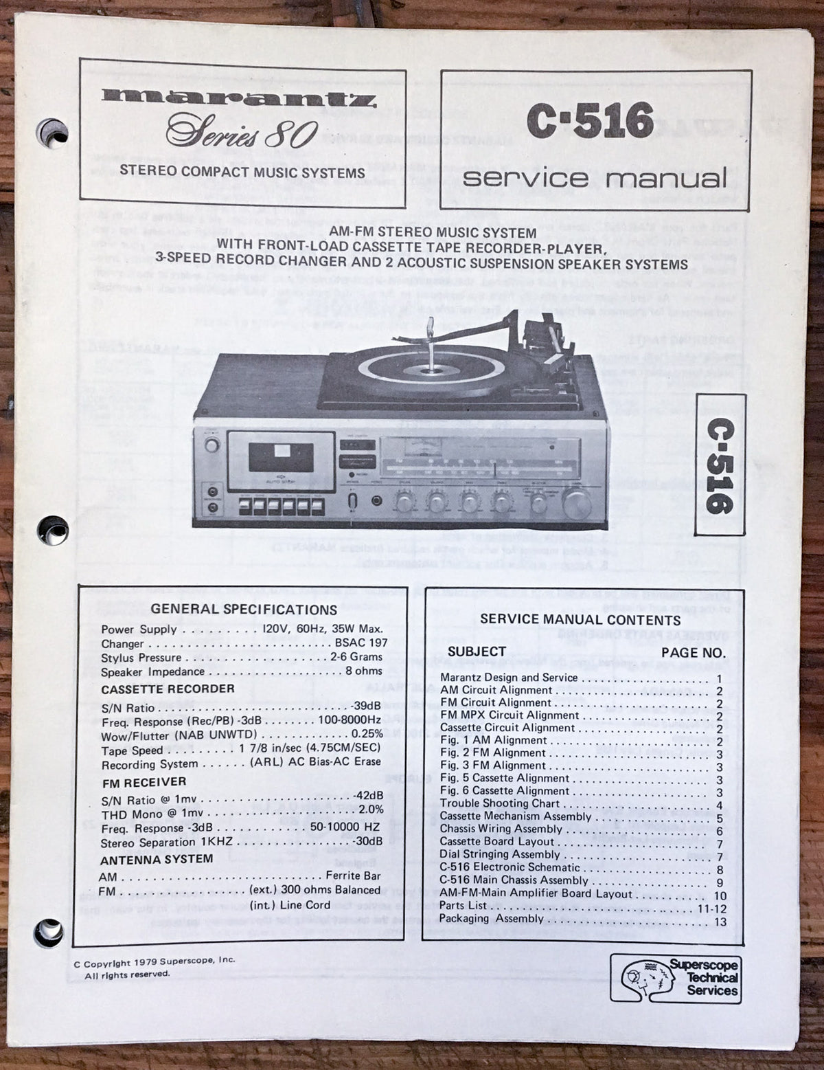 Marantz C-516 Stereo  Service Manual *Original*