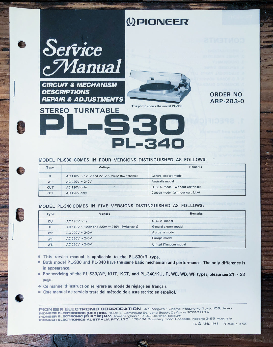 Pioneer PL-S30 PL-340 Turntable Service Manual *Original*