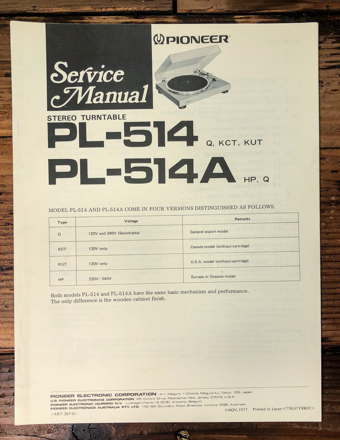 Pioneer PL-514 PL-514A Turntable Service Manual *Original*