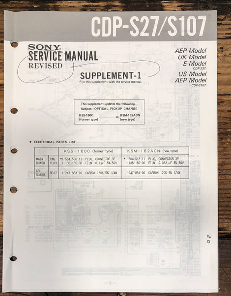 Sony CDP-S27 CDP-S107 CD Player Supp. Service Manual *Original*