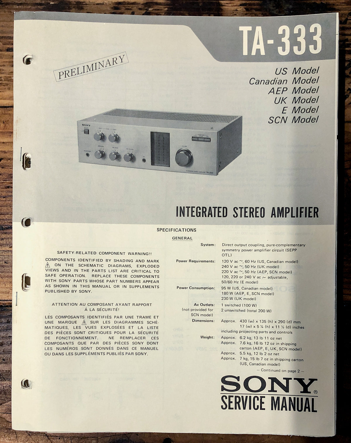 Sony TA-333 Amplifier Prelim. Service Manual *Original*