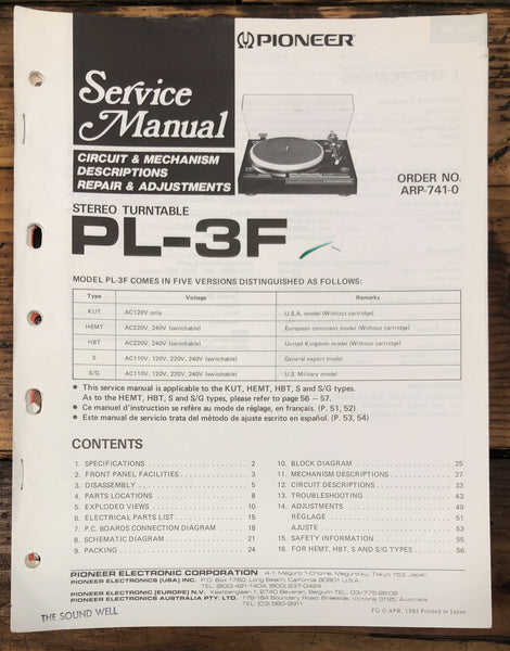 Pioneer PL-3F Record Player / Turntable  Service Manual *Original*