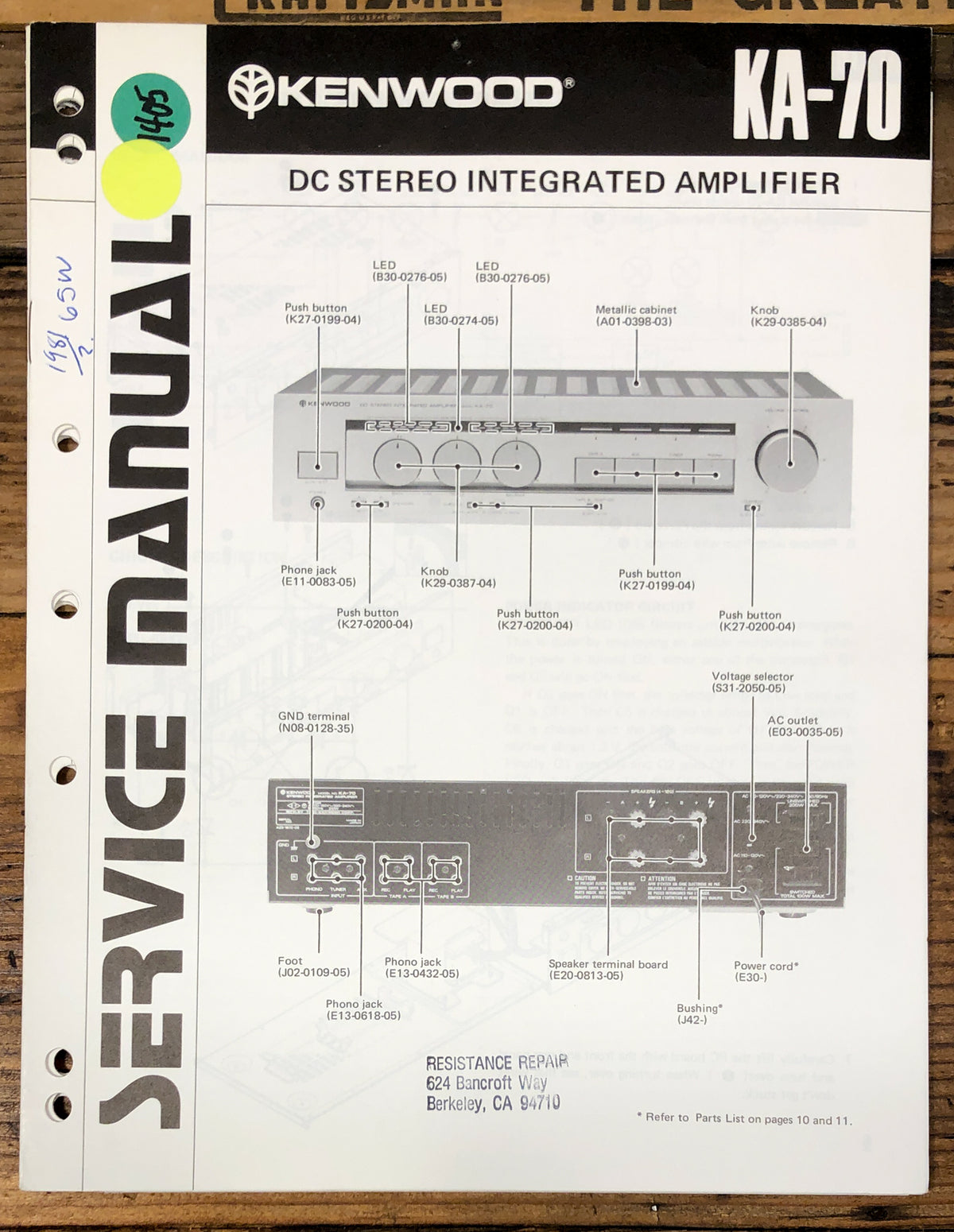 Kenwood KA-70 Amplifier  Service Manual *Original*