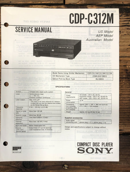 Sony CDP-C312M CD Player Service Manual *Original*