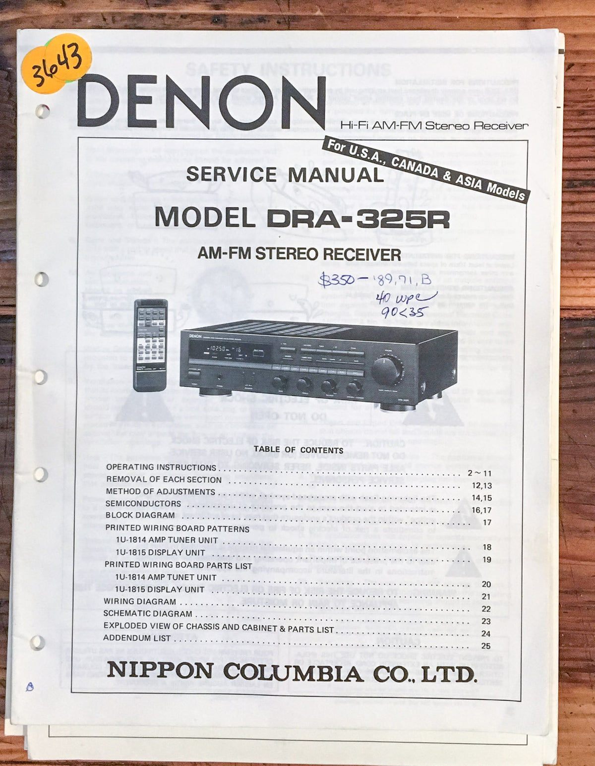 Denon DRA-325R Receiver  Service Manual *Original*