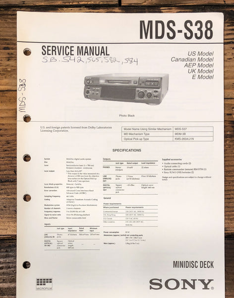 Sony MDS-S38 MD Player Service Manual *Original*