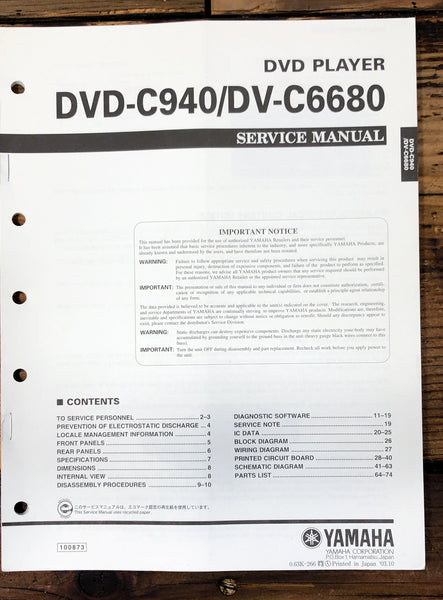 Yamaha DVD-C940 DV-C6680 DVD Player  Service Manual *Original*