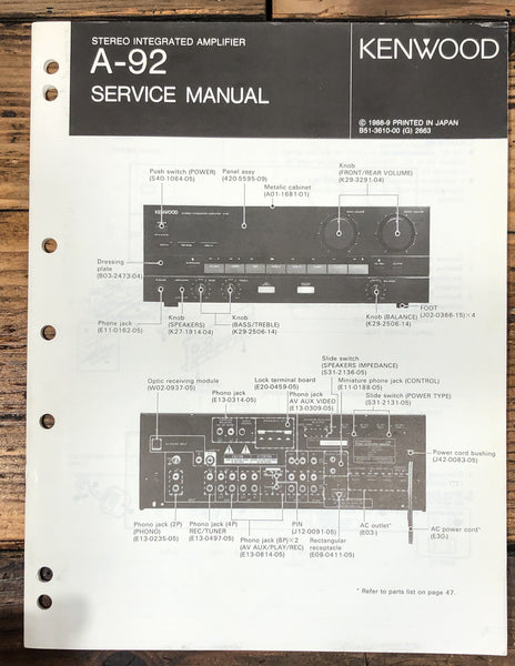Kenwood A-92 Amplifier Service Manual *Original*
