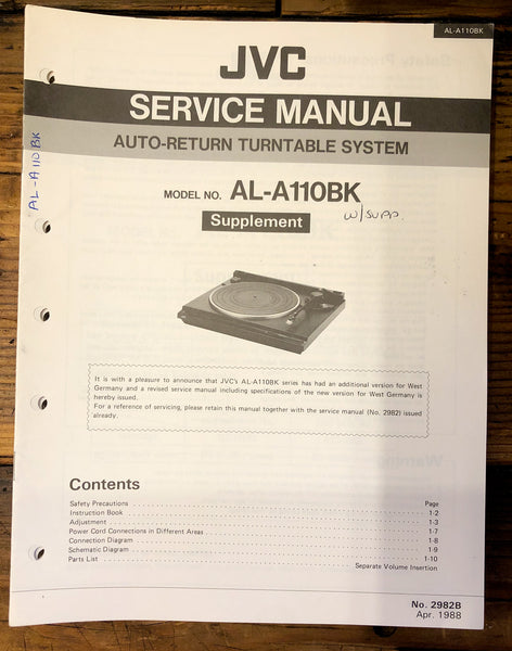 JVC AL-A110BK A110 BK Record Player / Turntable Supp. Service Manual *Original*