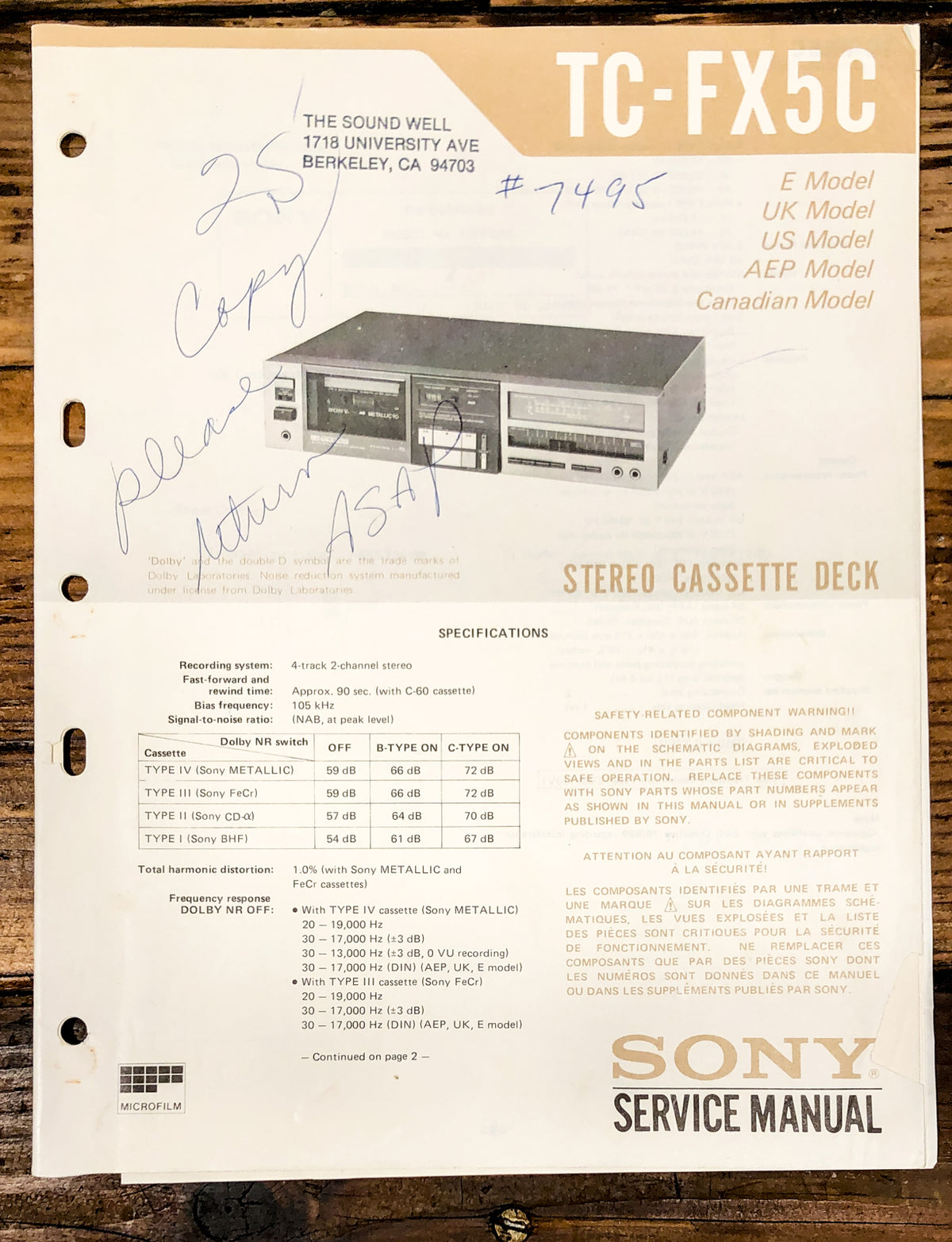 Sony TC-FX5C Cassette   Service Manual *Original*