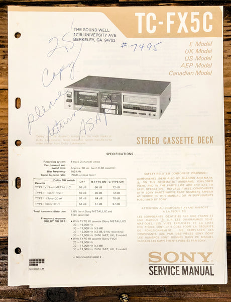 Sony TC-FX5C Cassette   Service Manual *Original*