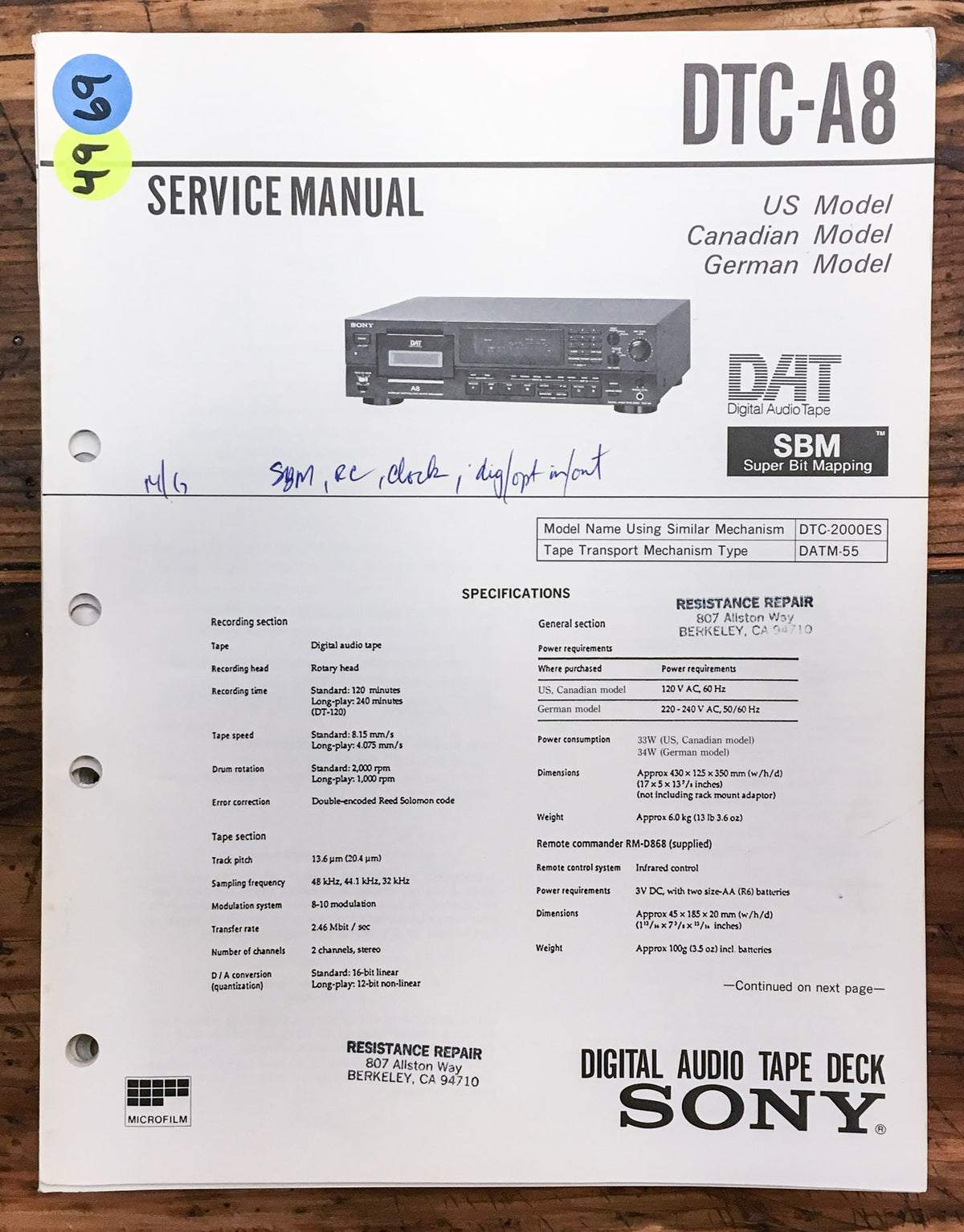 Sony DTC-A8 DAT Deck  Service Manual *Original*