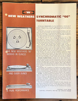 Weathers Synchromatic 66 K66P ML-66A MT-66 LDM Turntable 3pg Brochure *Orig*