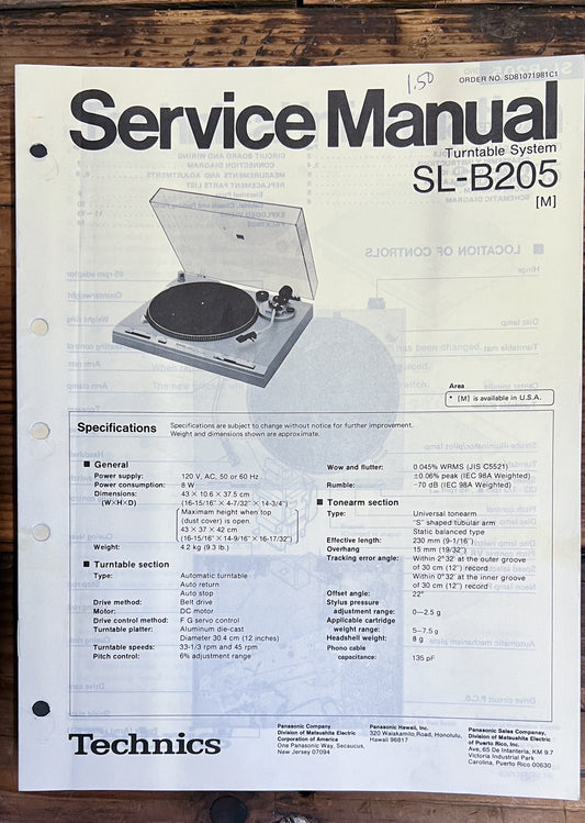 Technics SL-B205 Record Player / Turntable  Service Manual *Original*