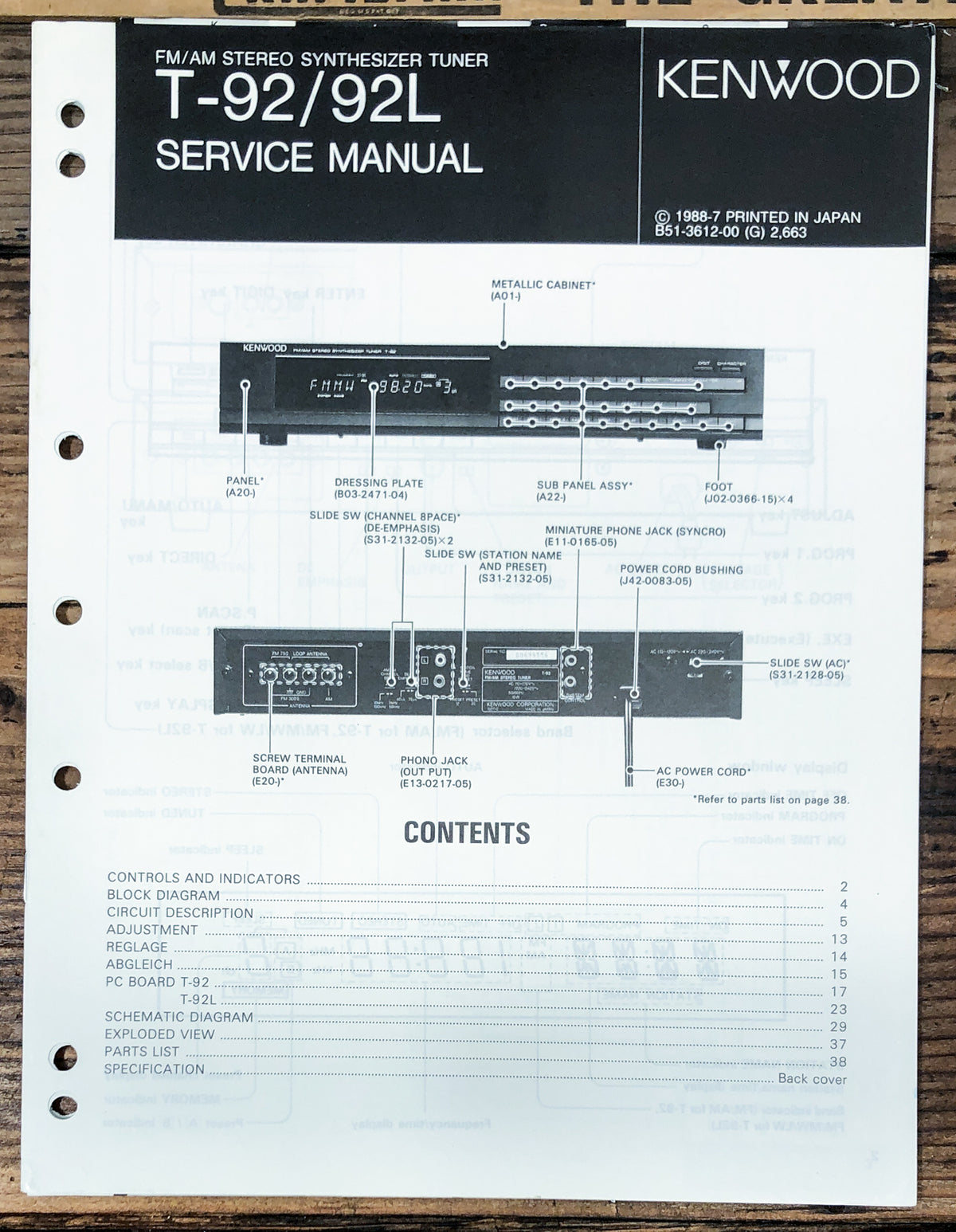 Kenwood T-92 T-92L Tuner  Service Manual *Original*