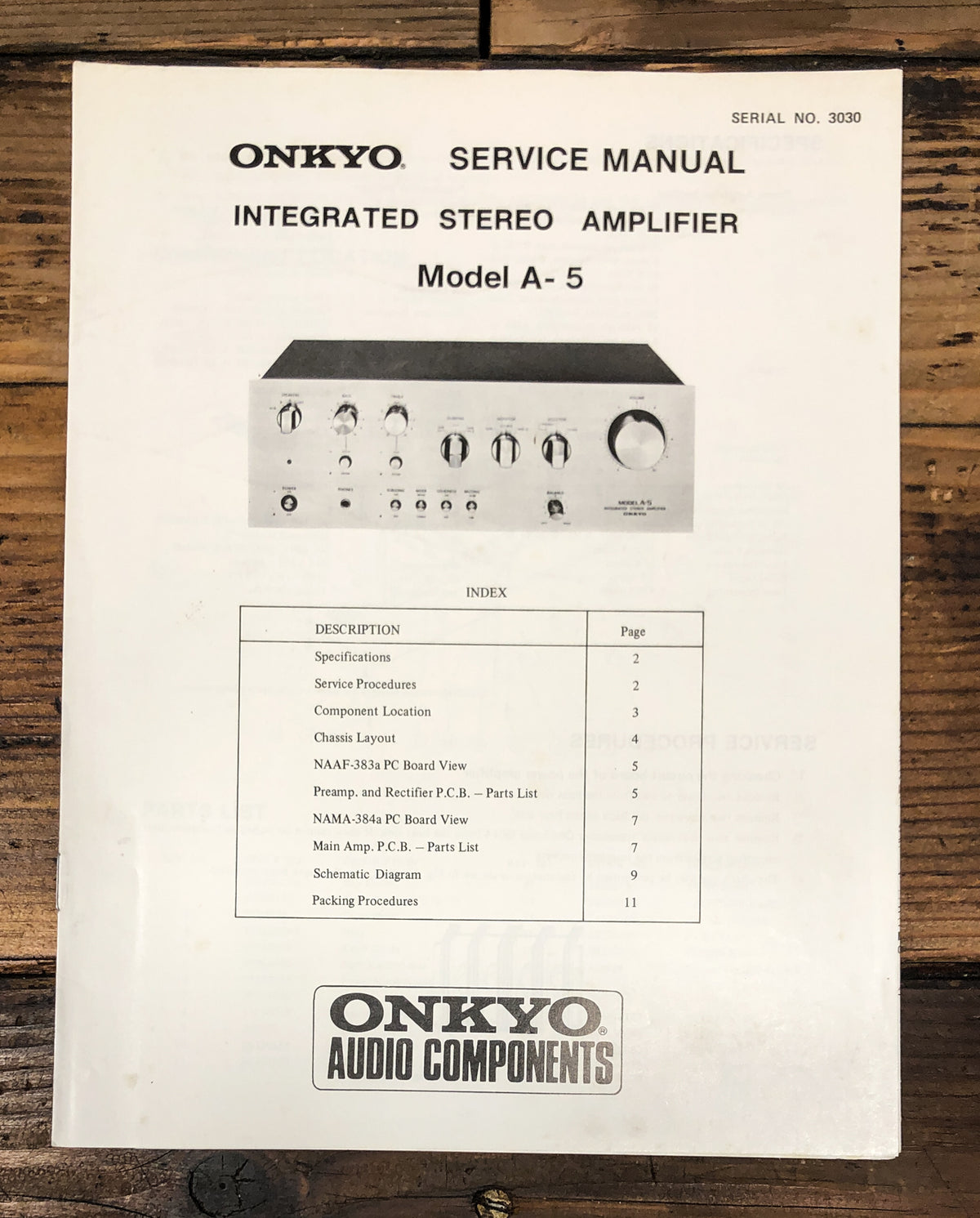 Onkyo A-5 Amplifier Service Manual *Original*