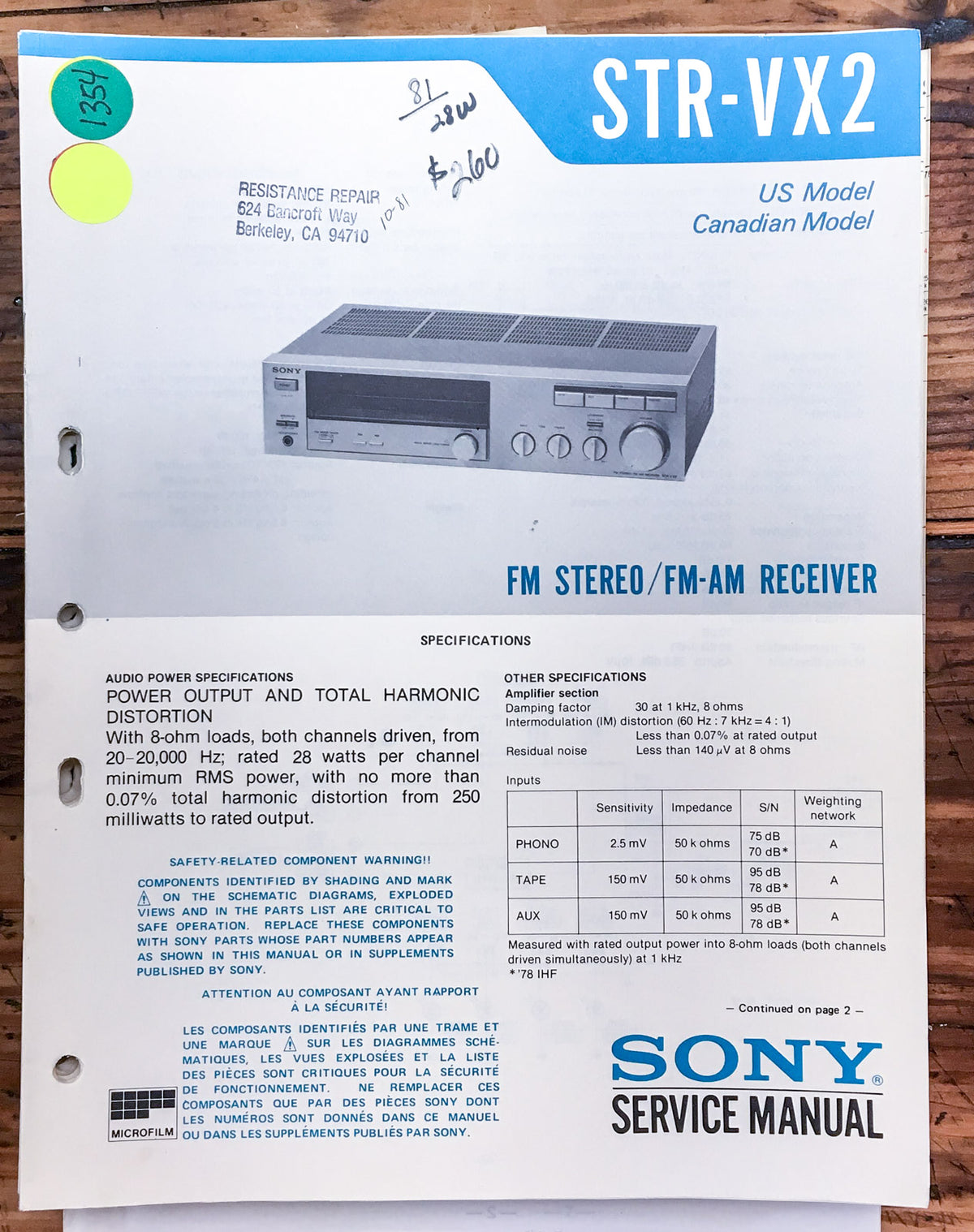 Sony STR-VX2 Receiver  Service Manual *Original*