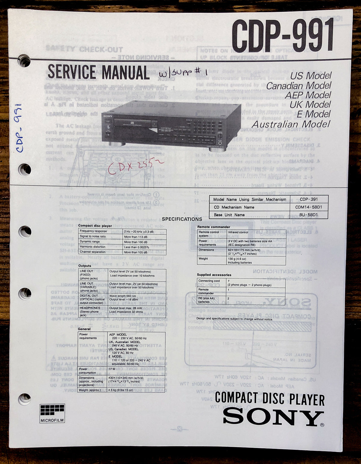 Sony CDP-991 CD Player  Service Manual *Original*