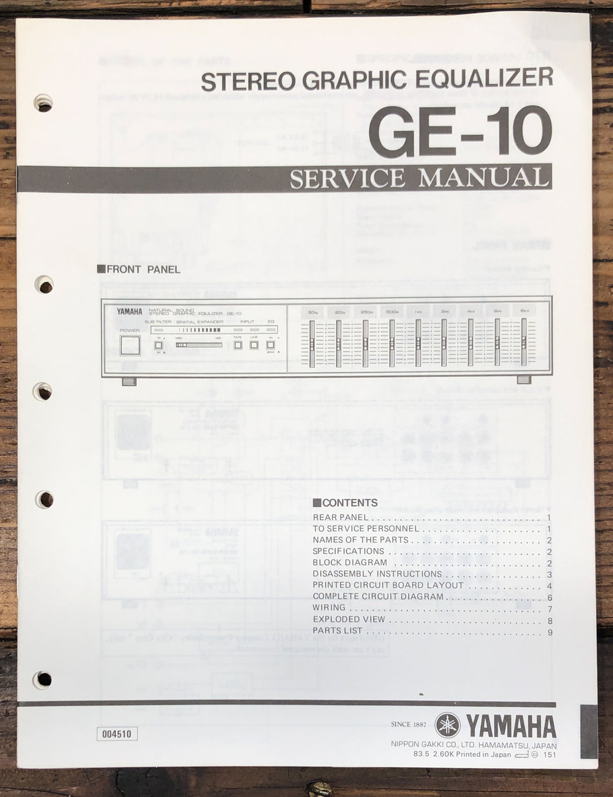 Yamaha GE-10 Graphic Equalizer  Service Manual *Original*