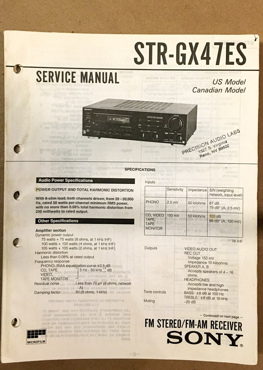 Sony STR-GX47ES Receiver  Service Manual *Original*