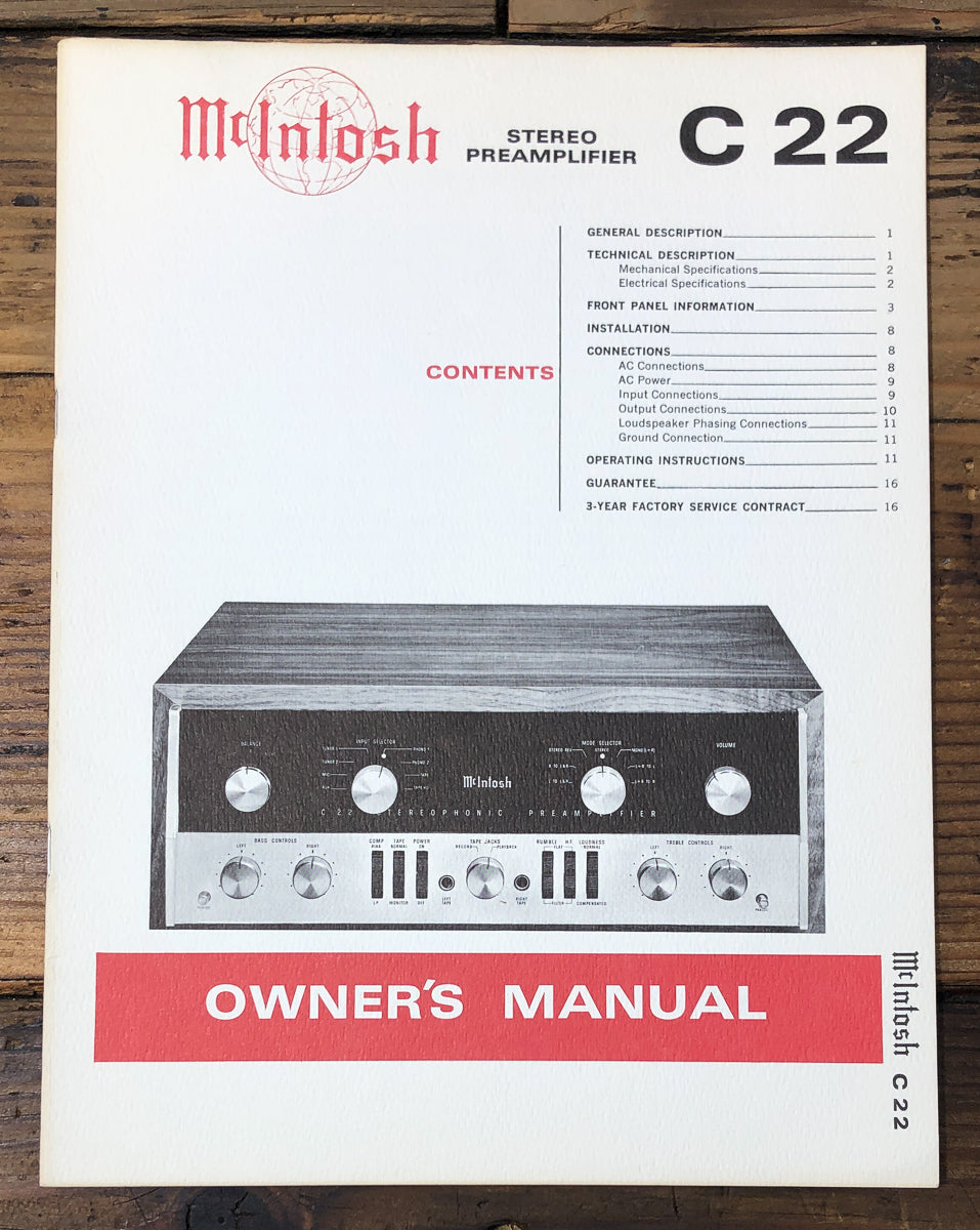 McIntosh C22 C-22 Preamp "Original Issue" Owners / User Manual *Original*