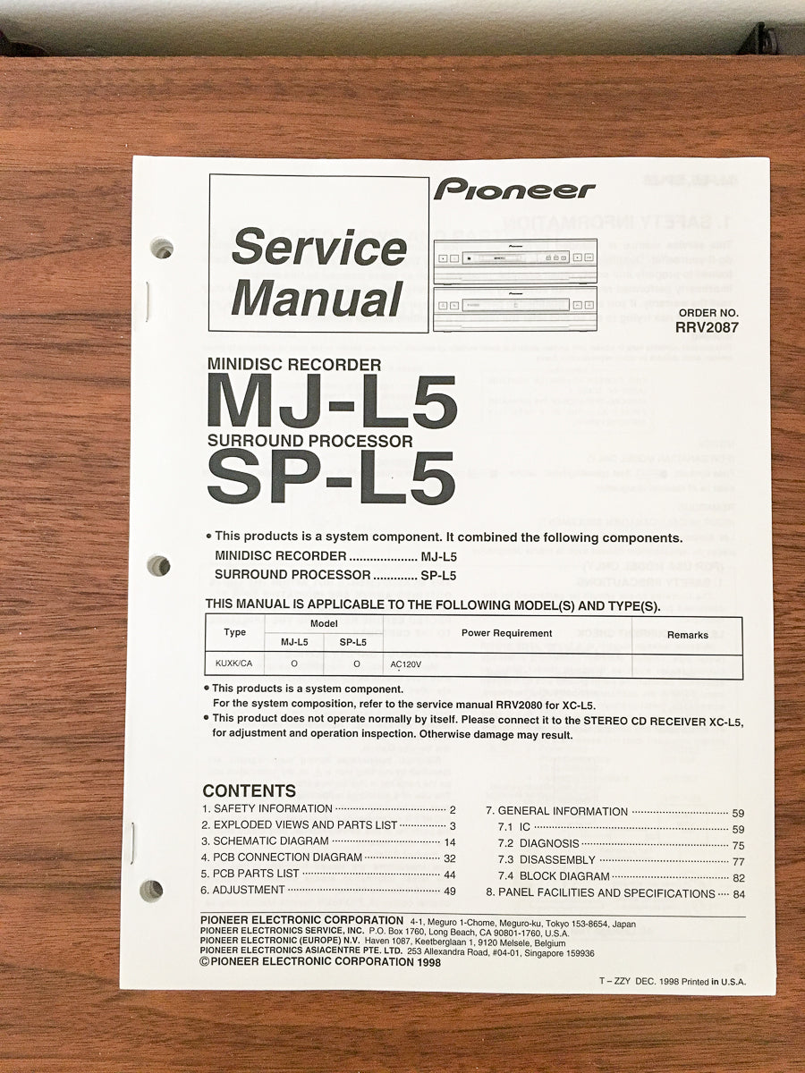 Pioneer MJ-L5 SP-L5 MD Mini Disc Service Manual *Original*