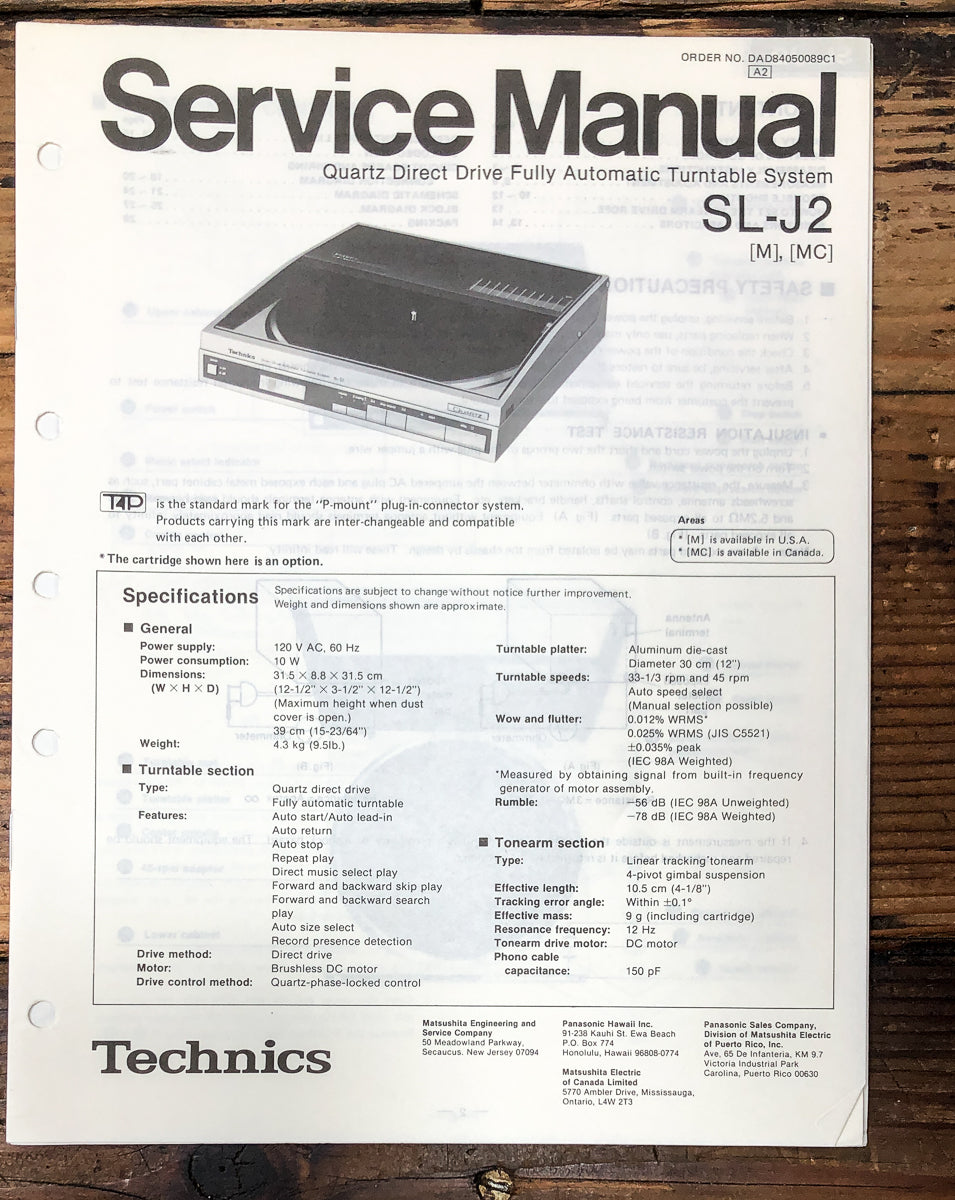Technics SL-J2 Record Player / Turntable Service Manual *Original*
