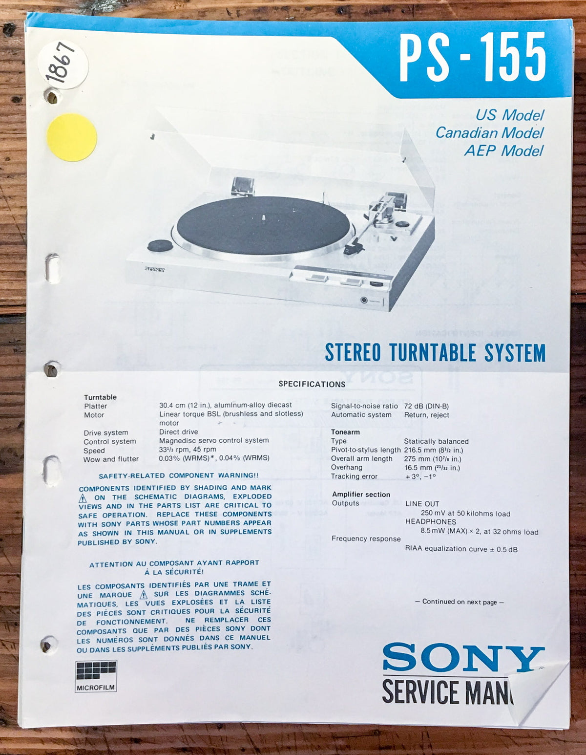 Sony PS-155 Record Player / Turntable  Service Manual *Original*
