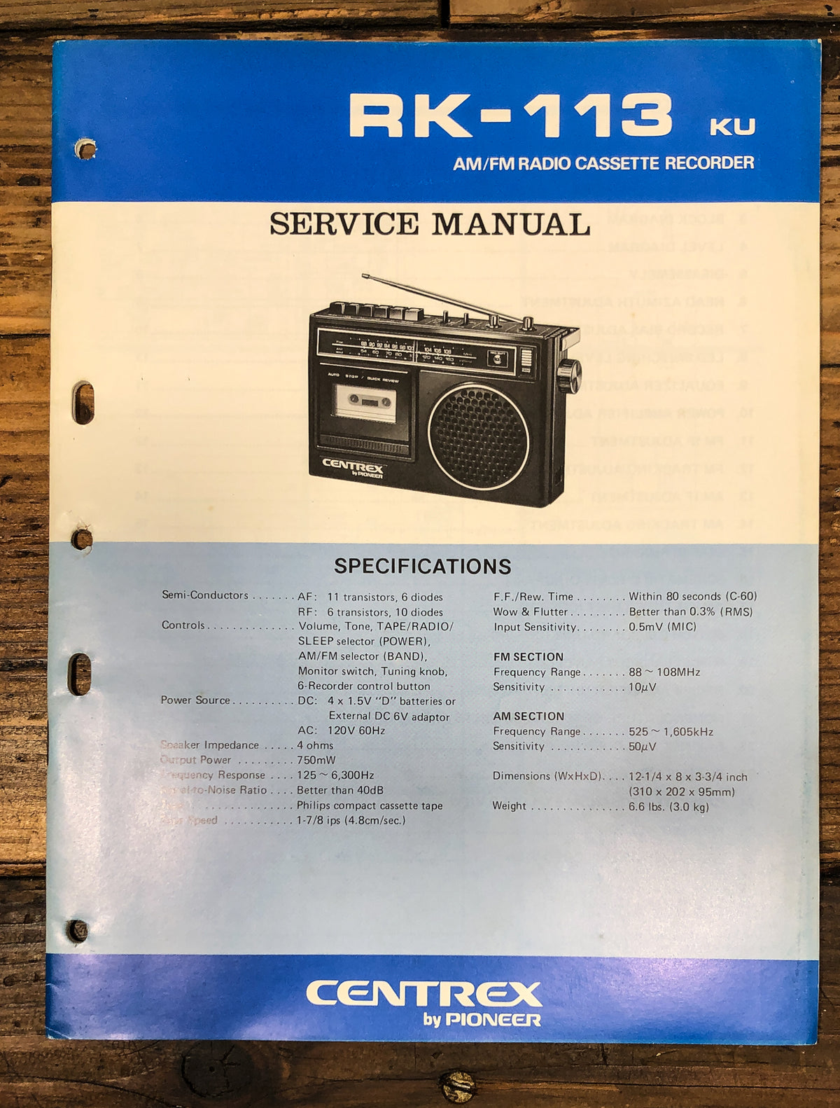 Pioneer RK-113 Radio Cassette Service Manual *Original*