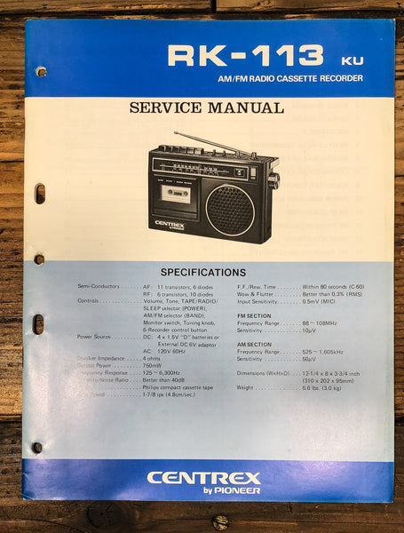 Pioneer RK-113 Radio Cassette Service Manual *Original*