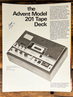 Advent Model 201 Cassette 7pg Dealer Brochure *Orig*