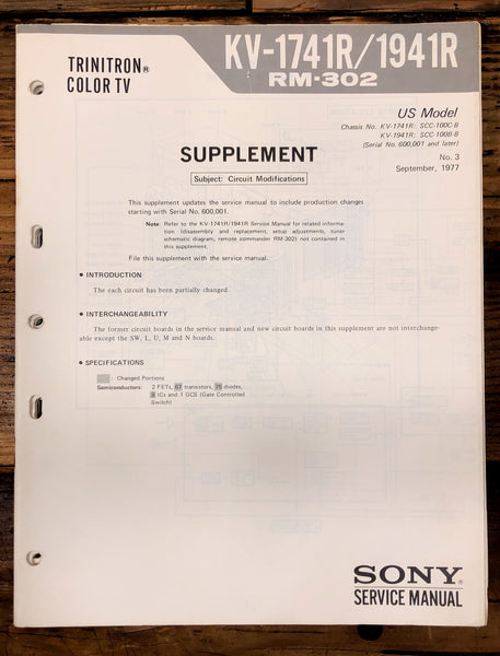Sony KV-1741R KV-1941R Television / TV Supplement 3 Service Manual *Original*