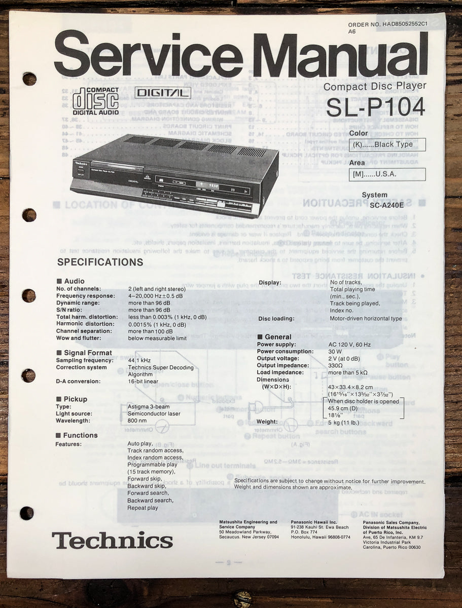 Technics SL-P104 CD Player Service Manual *Original*