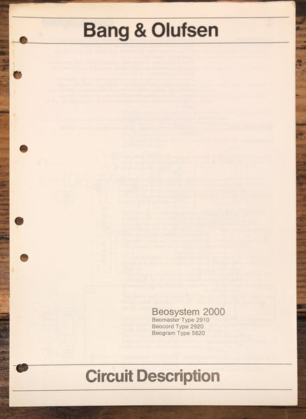 Bang Olufsen B&O Beosystem 2000  Circuit Description Service Manual *Original*