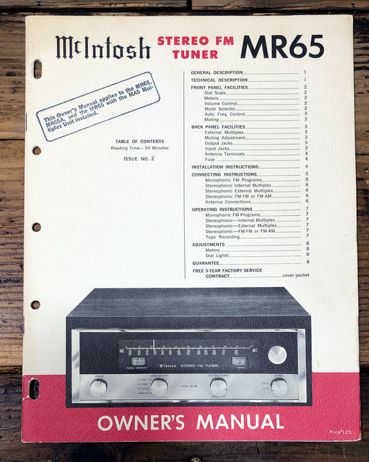 McIntosh MR-65 Tuner Issue 2 Owners / User Manual *Original*
