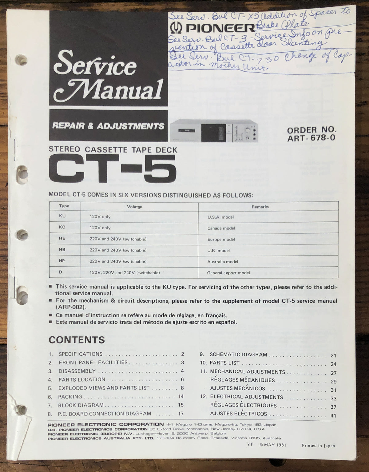 Pioneer CT-5 Cassette  Service Manual *Original*